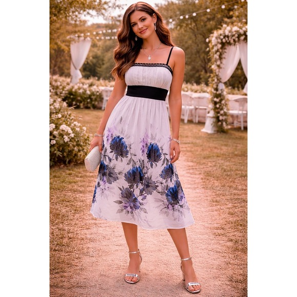 dressbarn Dresses & Skirts - Boho Whimsigoth Fairycore White Black Floral Sleeveless Floral 8‎ Midi Dress